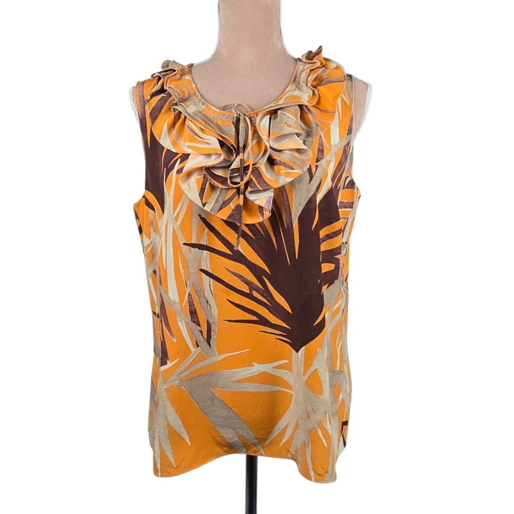 Rena Lange 100% Silk Sleeveless Blouse Ruffle Orange Size 10